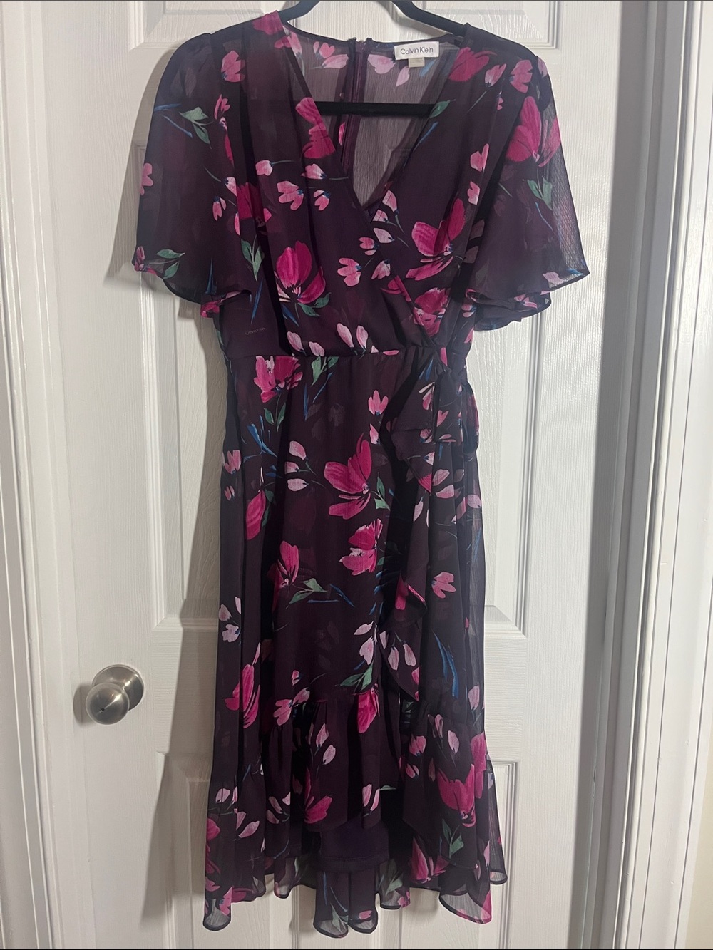 Calvin Klein Plum Midi Dress with Pink Floral Print